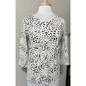 Chico's Eco Weave Black White Animal Print 3/4 Sleeve Top Cotton Shirt Size 1 M